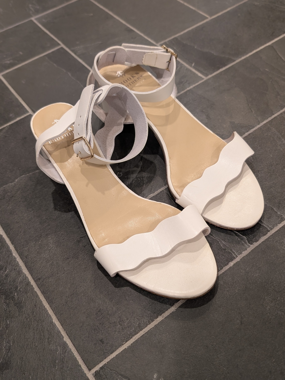 Brooks Brothers White Scalloped Ankle-Strap Sandals